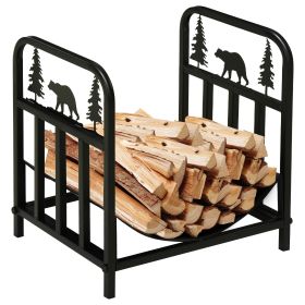17" Firewood Rack, Indoor Outdoor Firewood Holder, Curved Bottom with Bear and Tree Theme for Fireplace, Wood Stove, Black