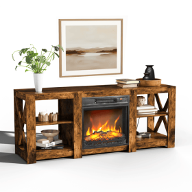 58 Inch Rot Wood Color Double-Sided Cross Fireplace Cabinet with 18 Inch Fireplace Core, 149 * 40 * 60cm Freestanding Fireplace Console