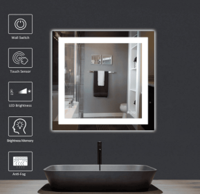 This tempered glass bathroom mirror with anti-fog and anti-break features offers a rectangular frame for wall-mounted use. Featuring a metal fram (S1R12176UL48"x30": S1R15090UL60"x36")